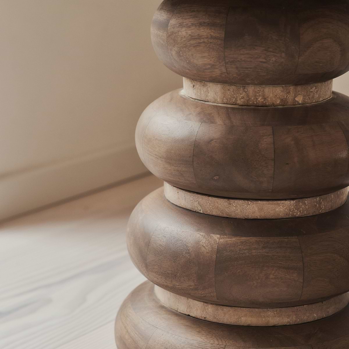 Belgravia - Beige Travertine Round Warm Wood Premium Side Table