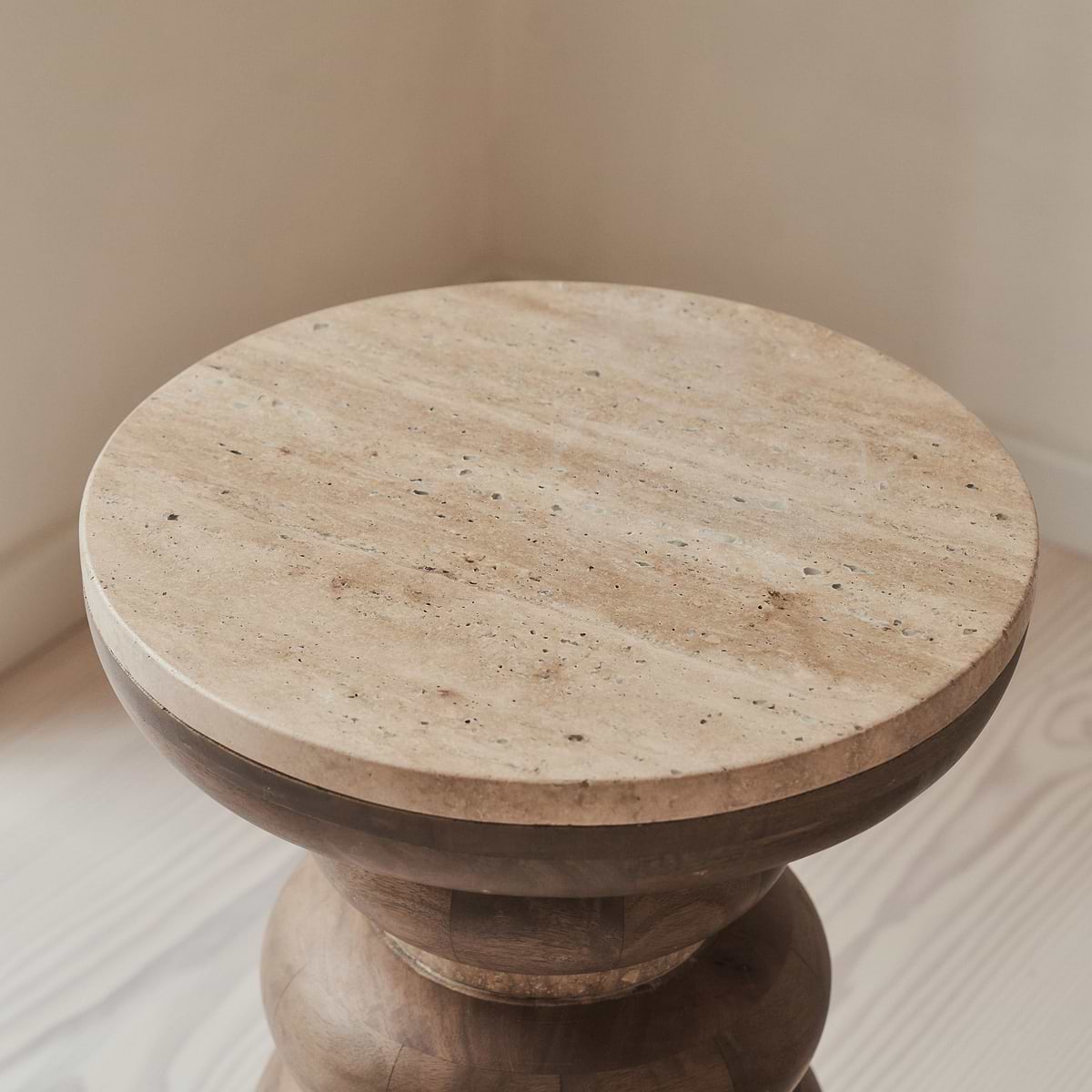 Belgravia - Beige Travertine Round Warm Wood Premium Side Table