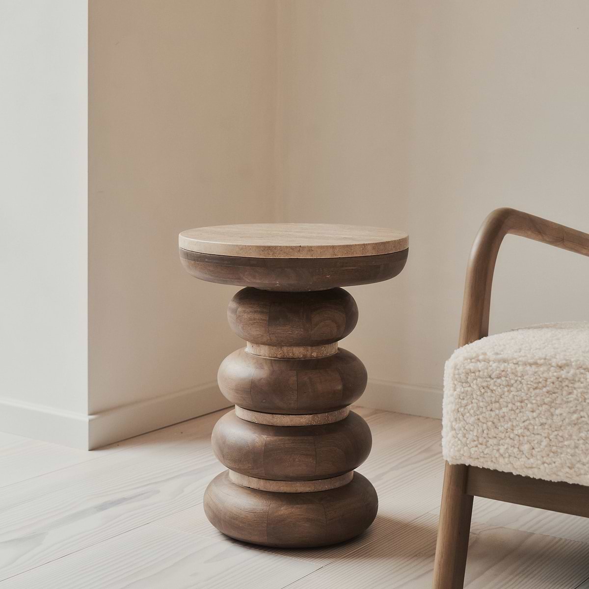 Belgravia - Beige Travertine Round Warm Wood Premium Side Table