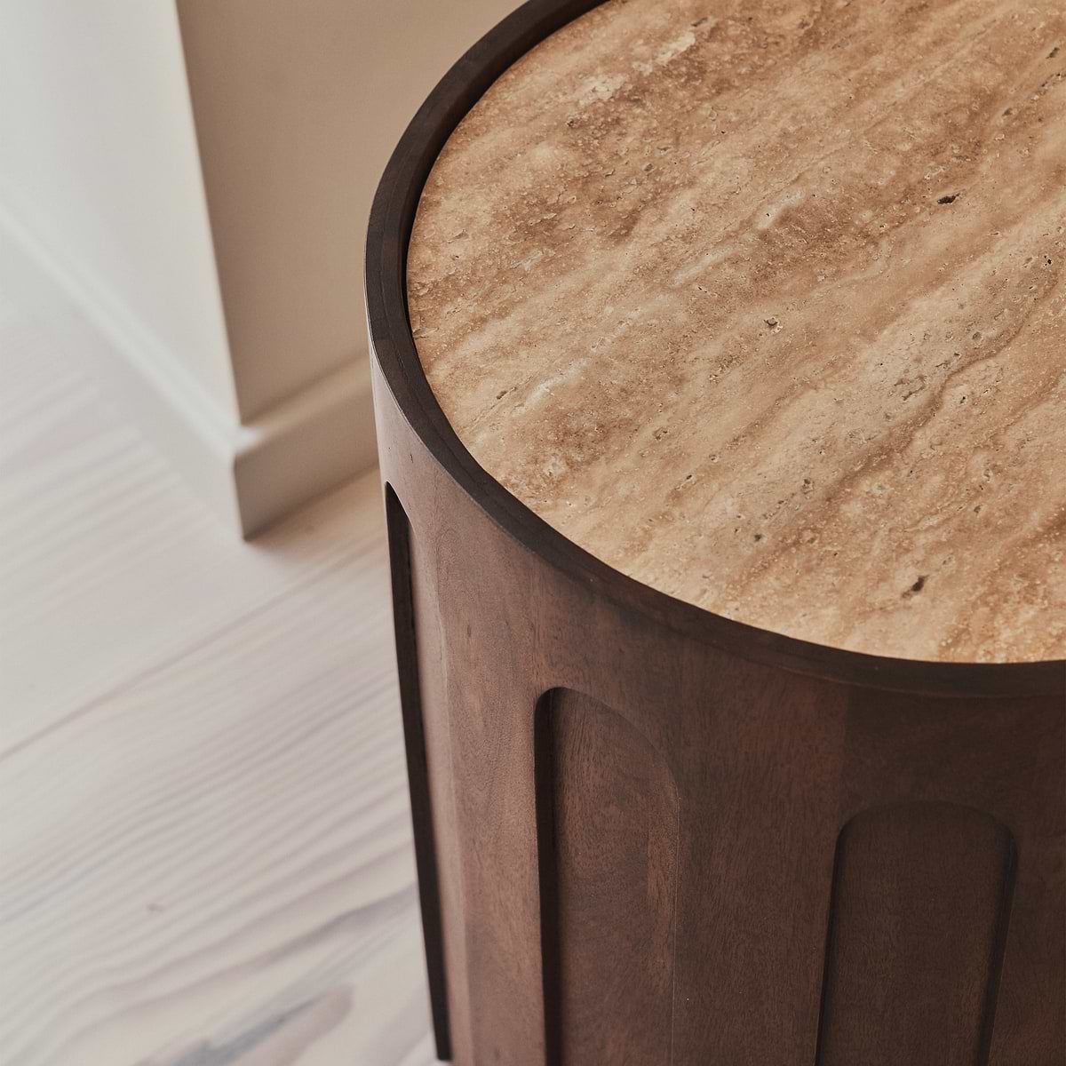 Valor - Beige Travertine Round Dark Wood Premium Side Table