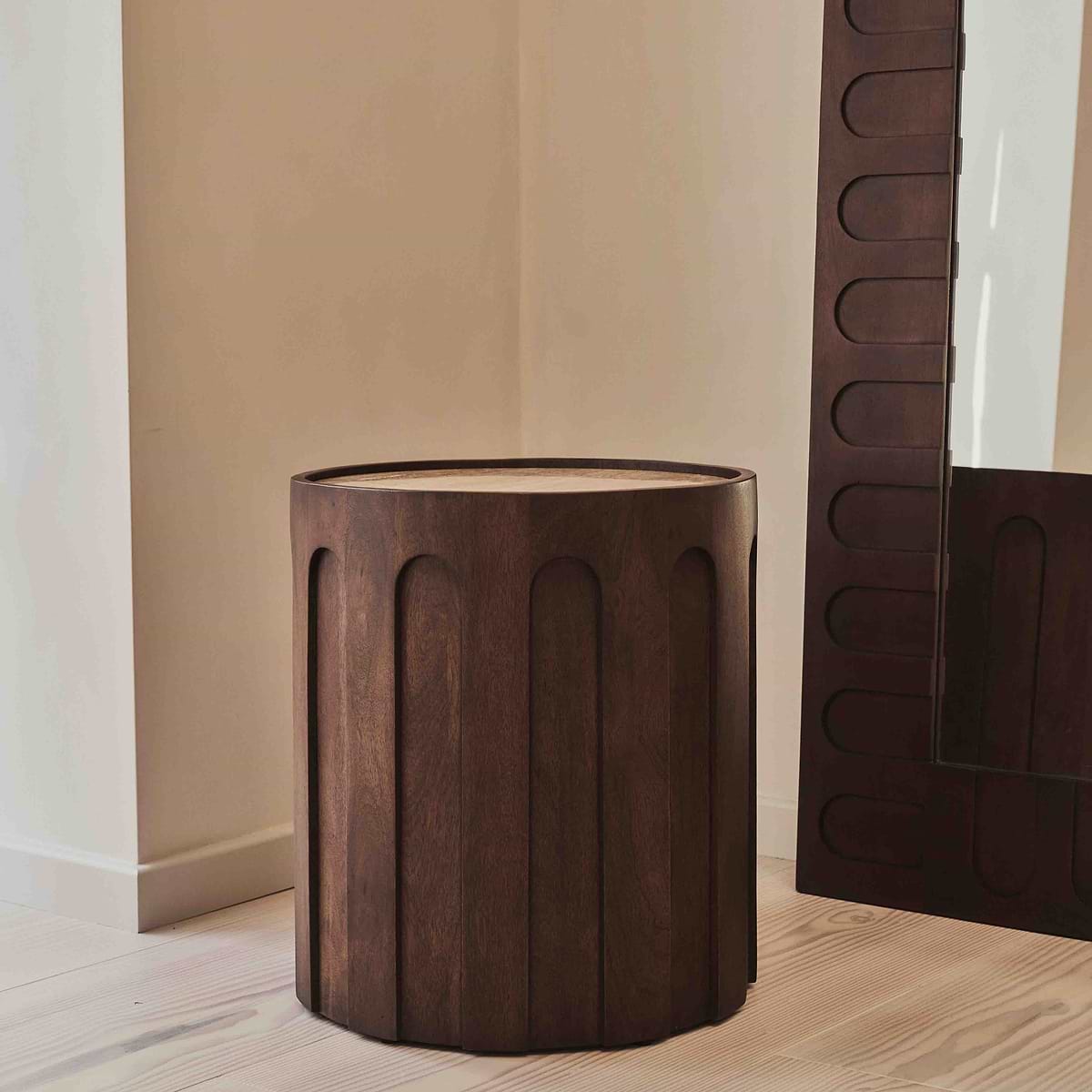 Valor - Beige Travertine Round Dark Wood Premium Side Table