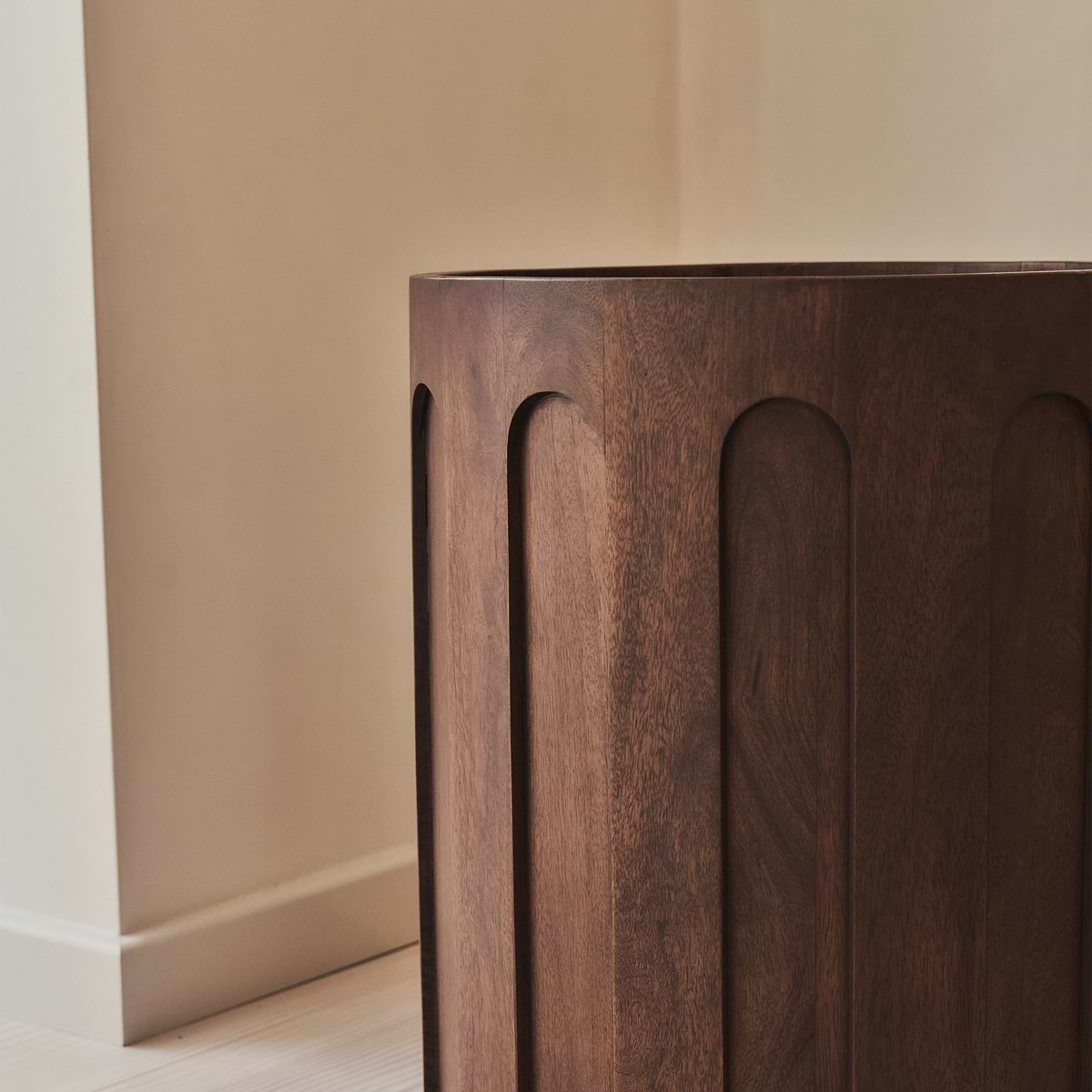 Valor - Beige Travertine Round Dark Wood Premium Side Table