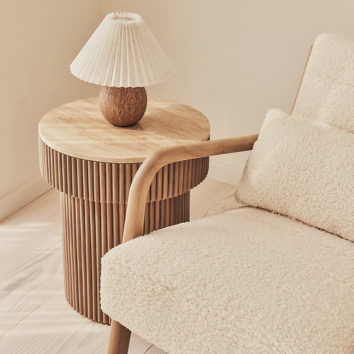 Hudson - Boucle Accent Chair Ivory & Warm Wood