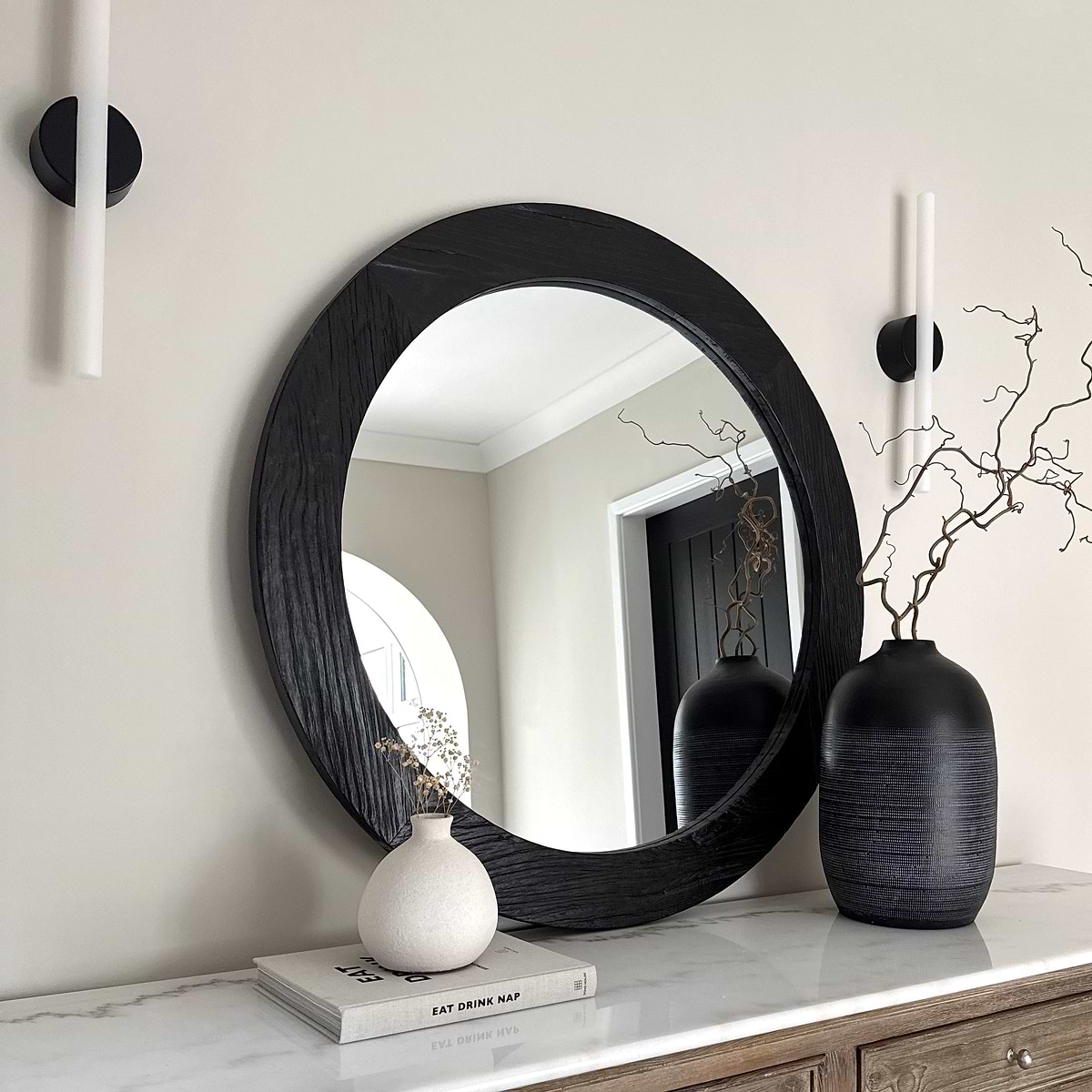 Elowyn - Large Black Elm Wood Round Organic Wall Mirror 100cm x 100cm