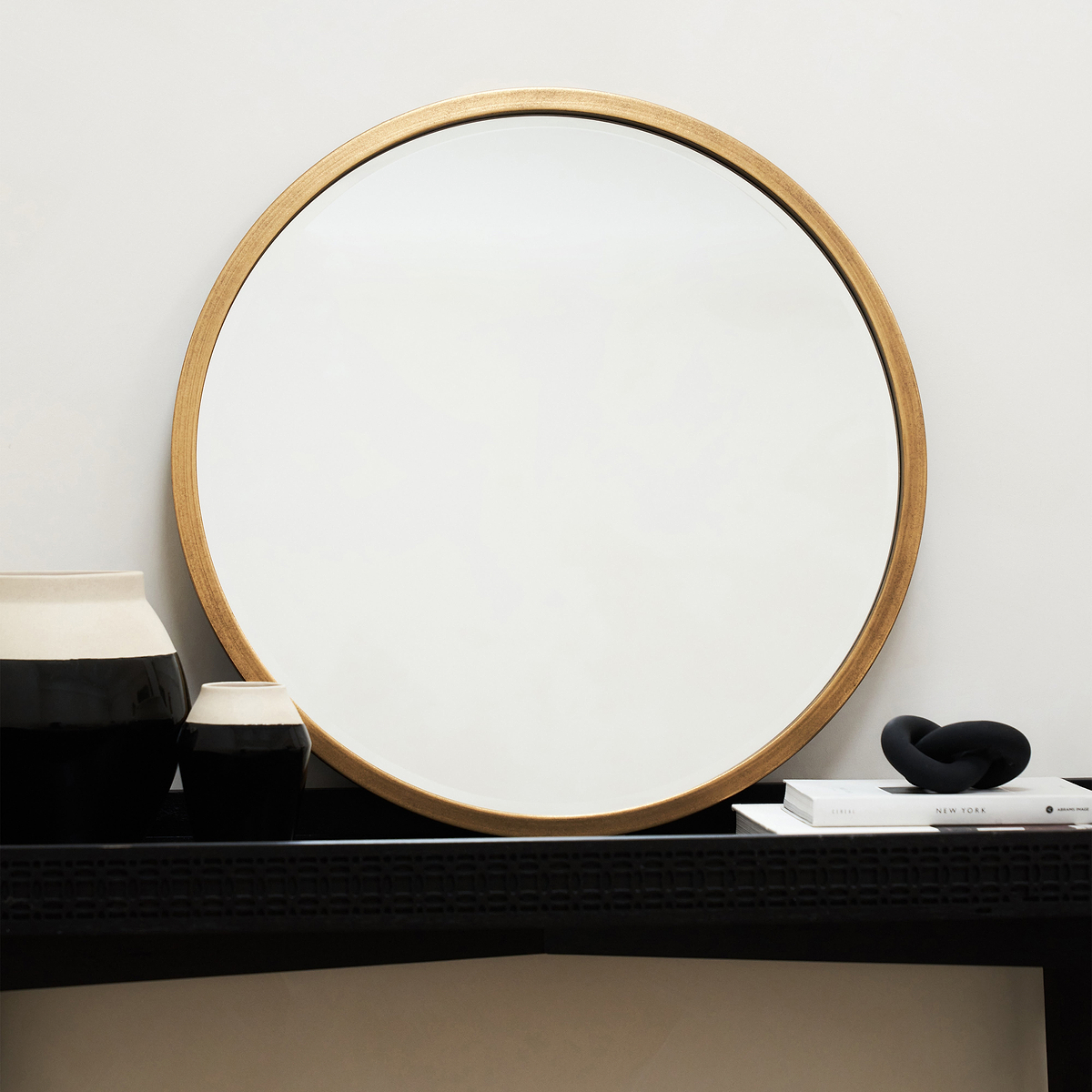 Gold Metal Modern Round Wall Mirror on console table