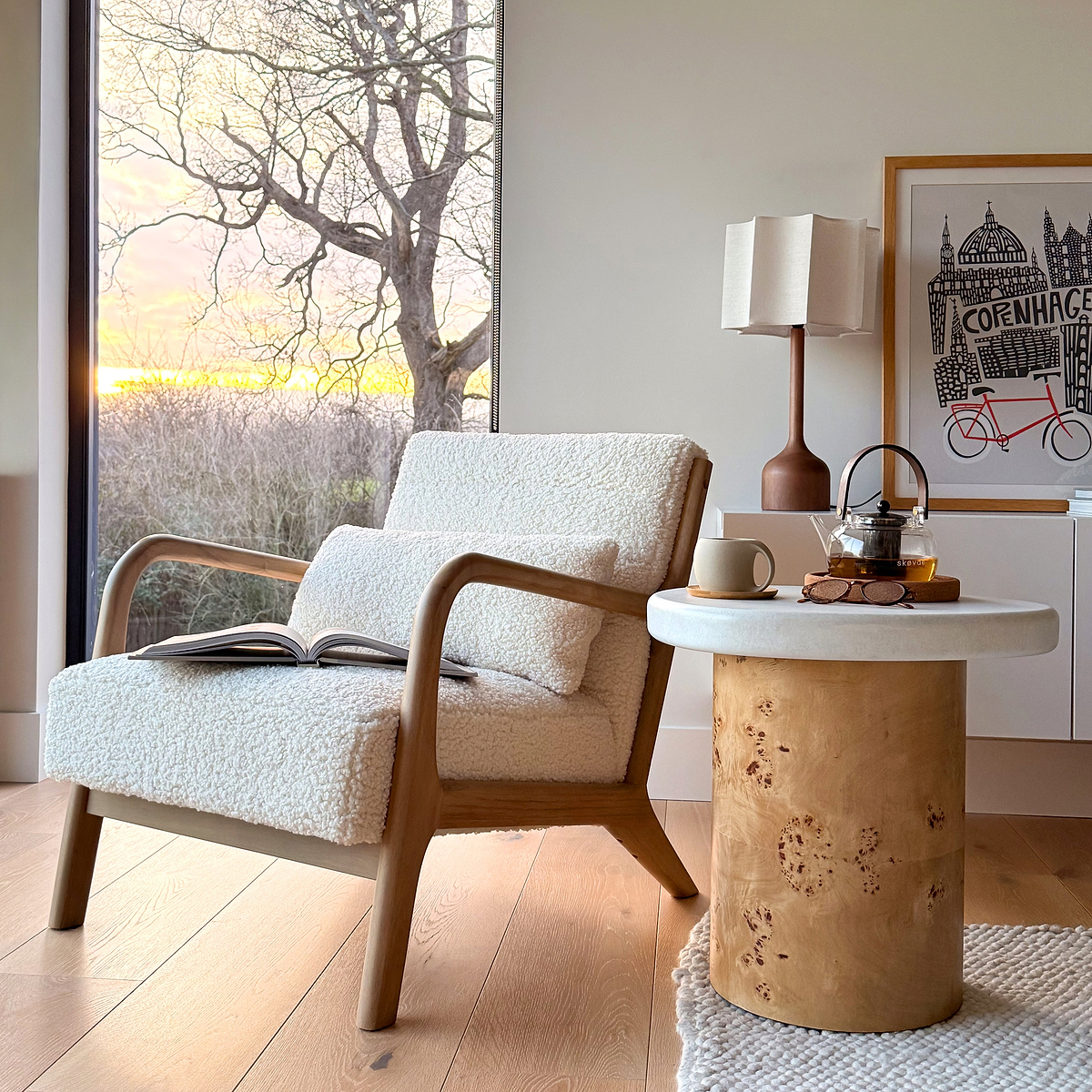 Hudson - Boucle Accent Chair Ivory & Warm Wood