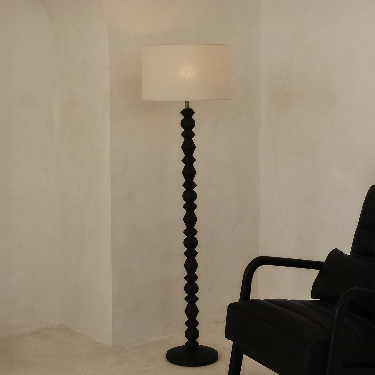 Ivy - Black Wood Drum Shade Floor Lamp