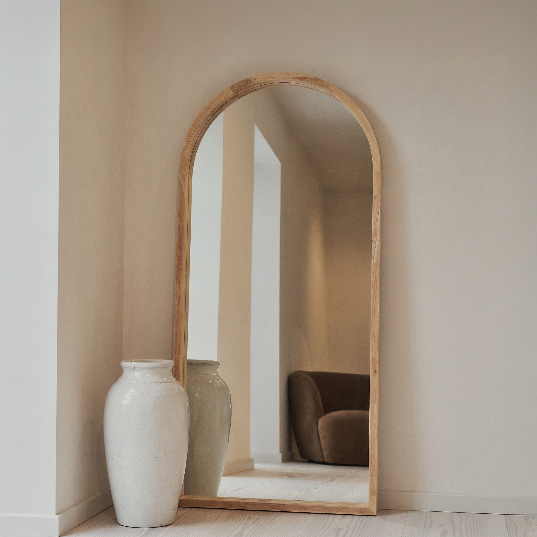 Lilia - Full Length Light Wood Arched Wooden Mirror 170cm x 80cm
