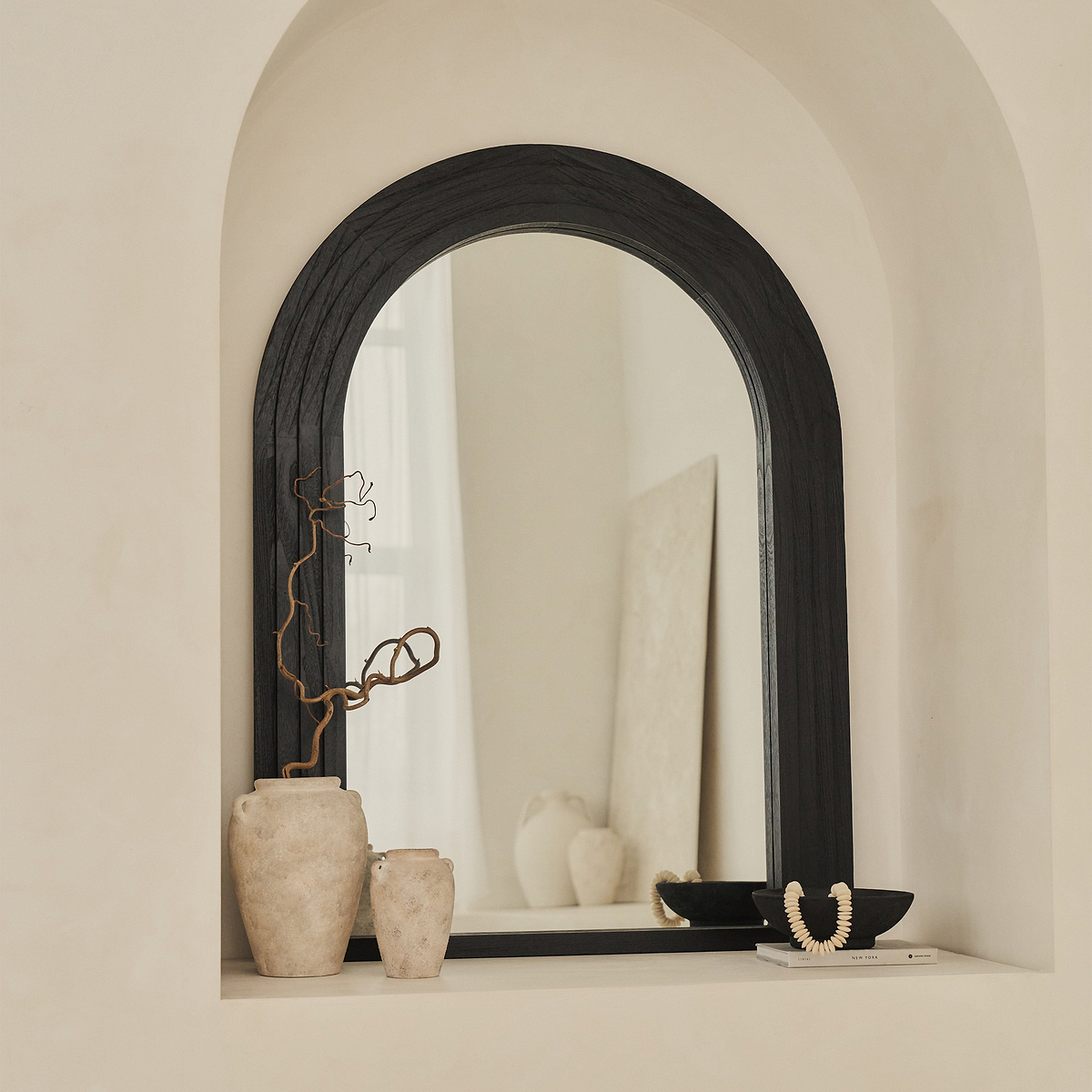 Luciana - Charred Black Arched Overmantle Mirror 120cm x 90cm