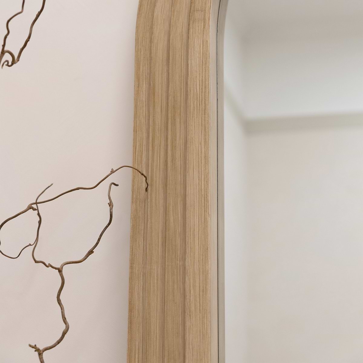 Full Length Arched Washed Wood Mirror detail shot of unique stepped design, alternate side