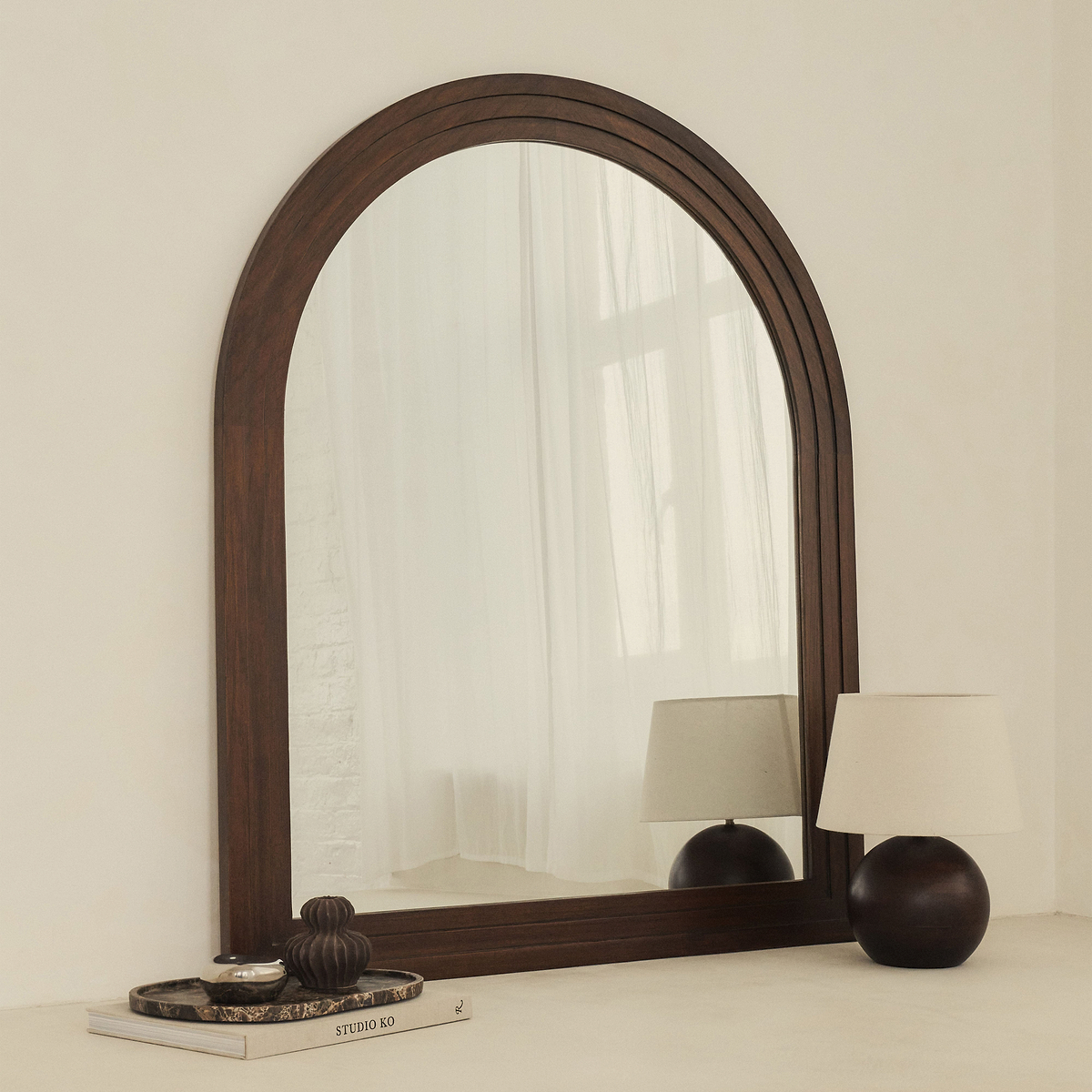 Luciano - Dark Wood Arched Overmantle Mirror 120cm x 100cm