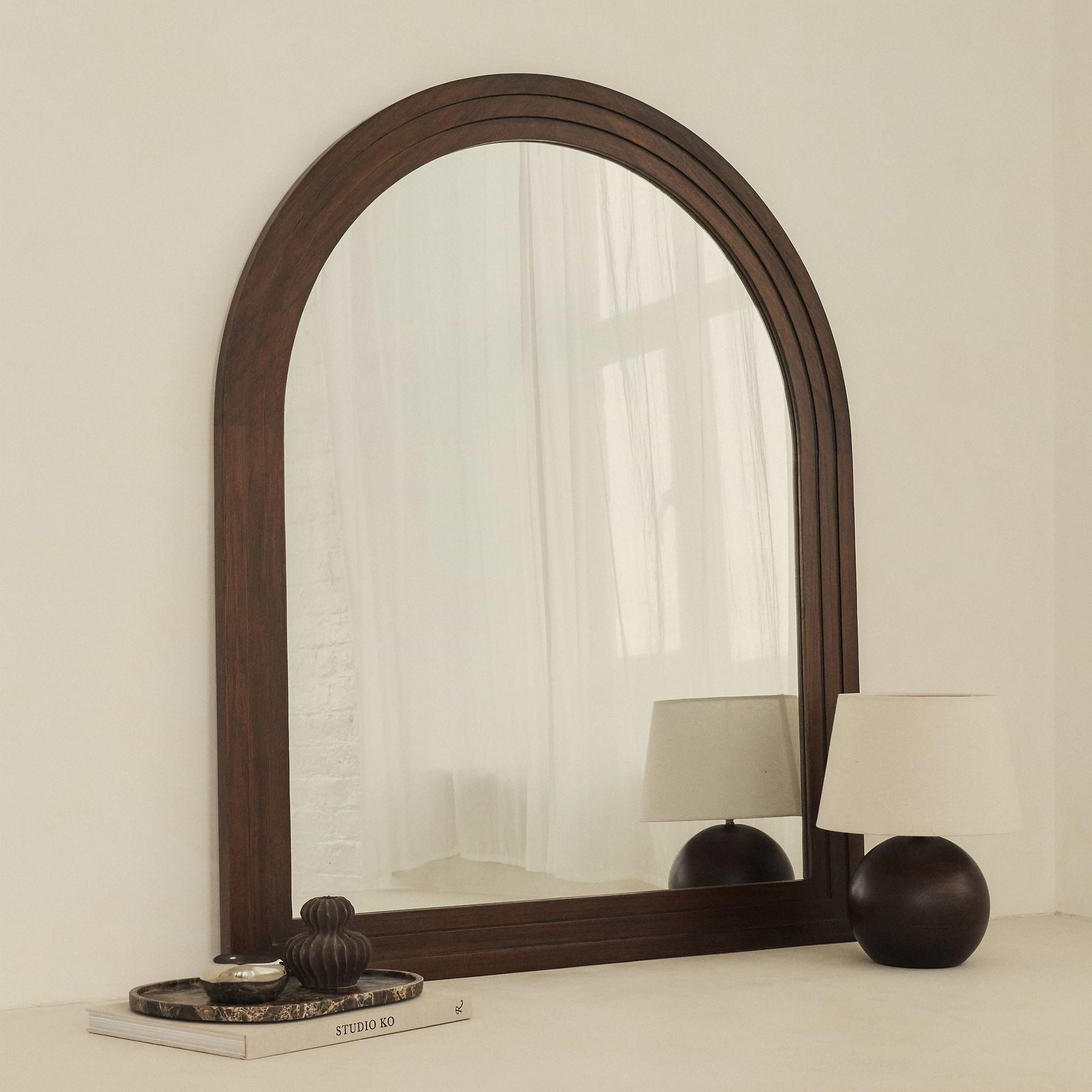 Luciano - Dark Wood Arched Overmantle Mirror 120cm x 100cm