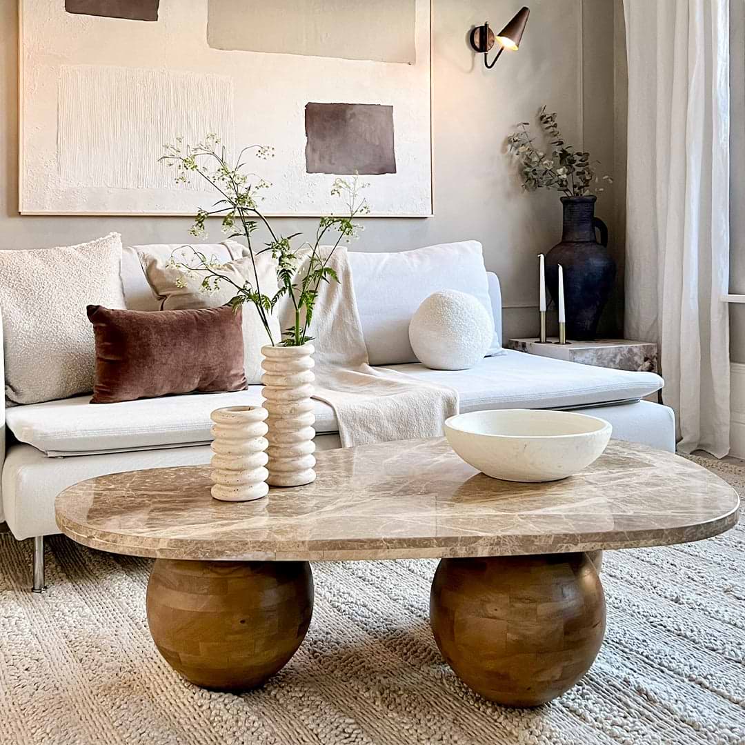 Melrose - Light Emperador Marble Irregular Warm Wood Premium Coffee Table