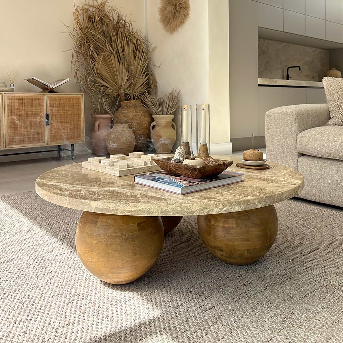 Melrose - Light Emperador Marble Round Warm Wood Premium Coffee Table