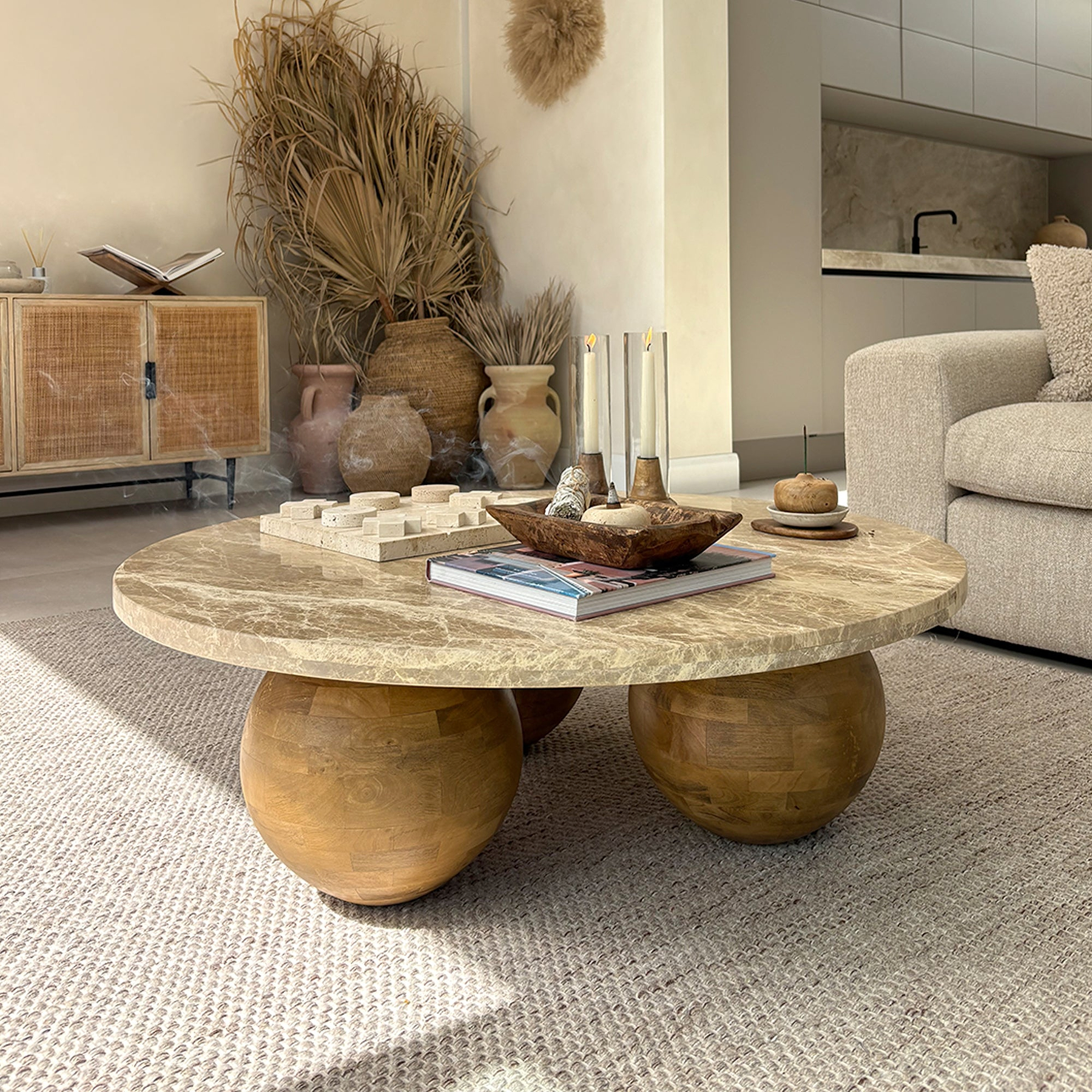 Melrose - Light Emperador Marble Round Warm Wood Premium Coffee Table