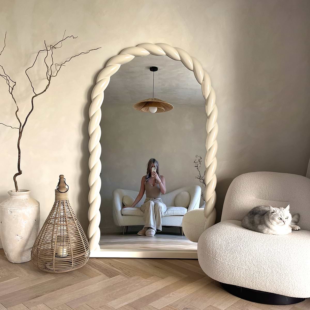 Ophelia - Full Length Arched Rope Twist Ivory Gloss Extra Large Mirror 180cm x 105cm