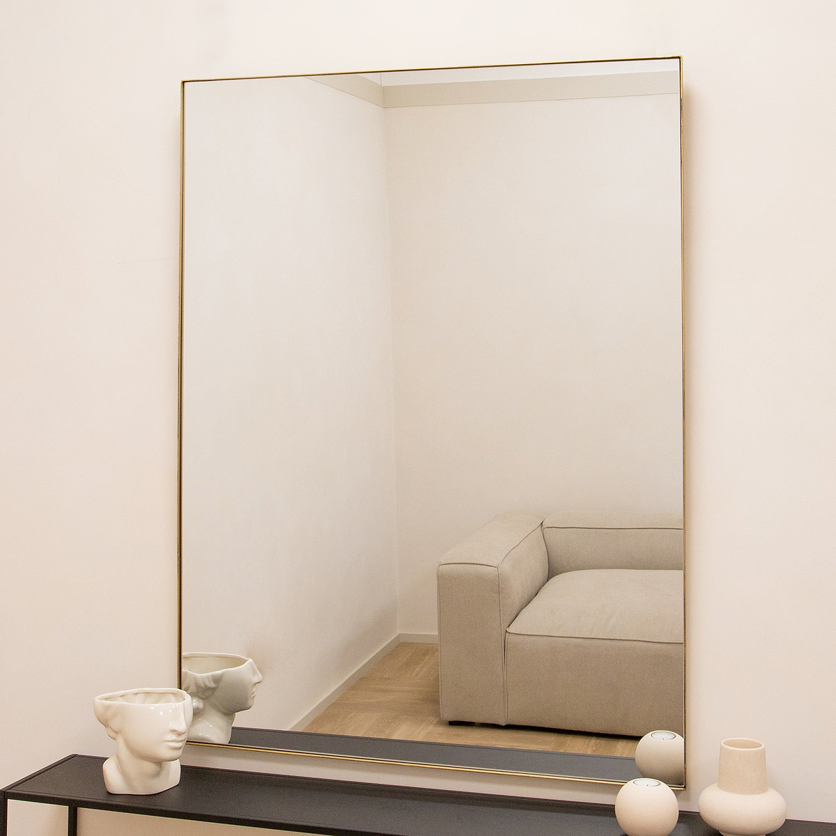 Gold Rectangular Metal Large Wall Mirror opposite sofa