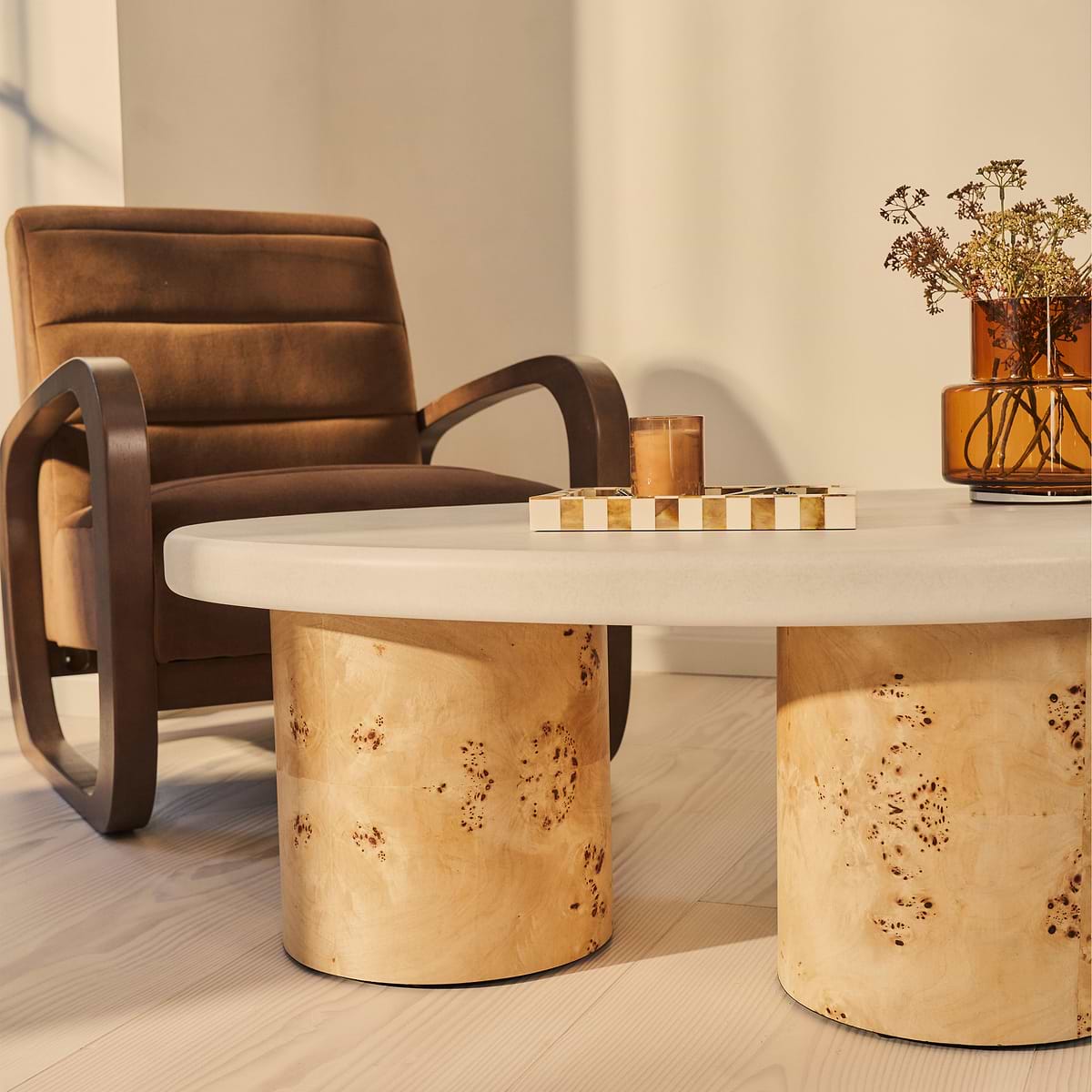 Aegean - Natural Burl Wood & Concrete Irregular Coffee Table 3 Legs
