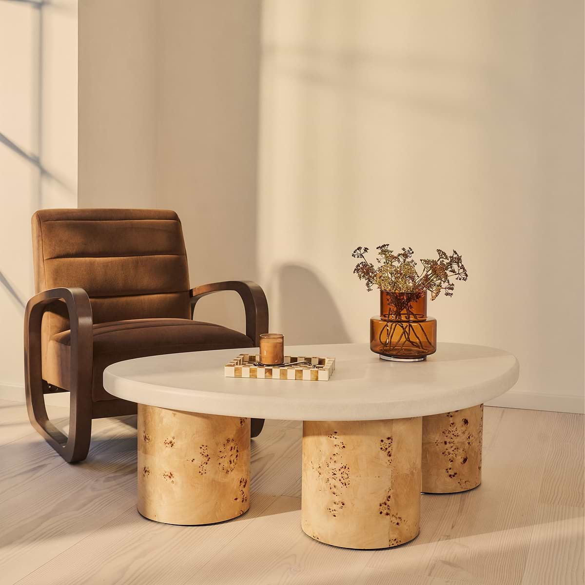 Aegean - Natural Burl Wood & Concrete Irregular Coffee Table 3 Legs