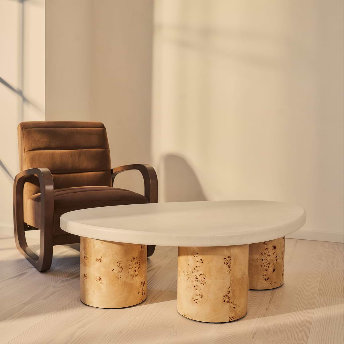 Aegean - Natural Burl Wood & Concrete Irregular Coffee Table 3 Legs