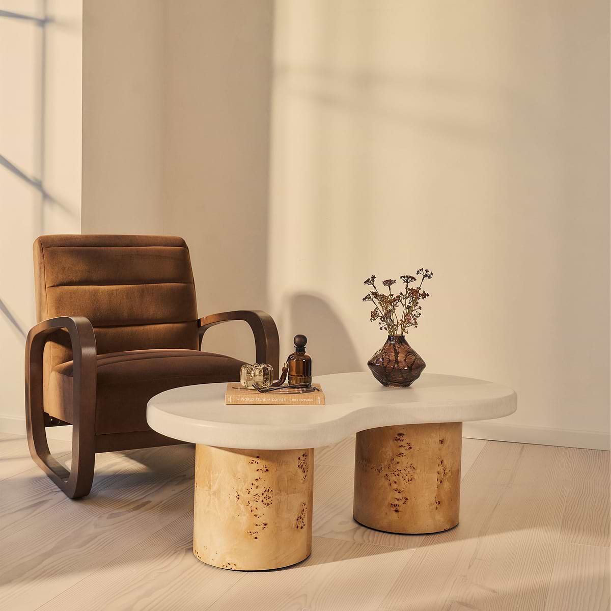 Aegean - Natural Burl Wood & Concrete Irregular Coffee Table 2 Legs