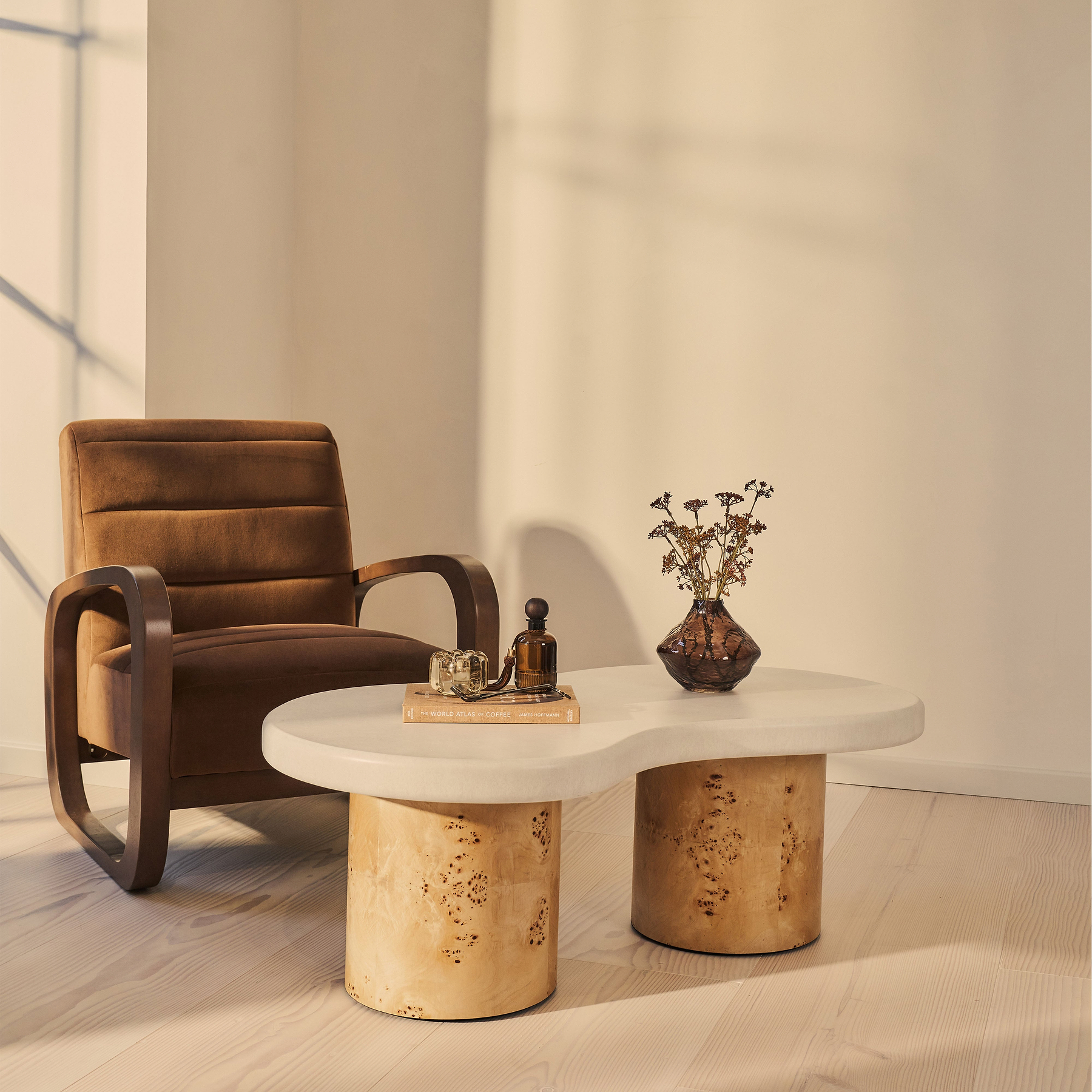 Aegean - Natural Burl Wood & Concrete Irregular Coffee Table 2 Legs