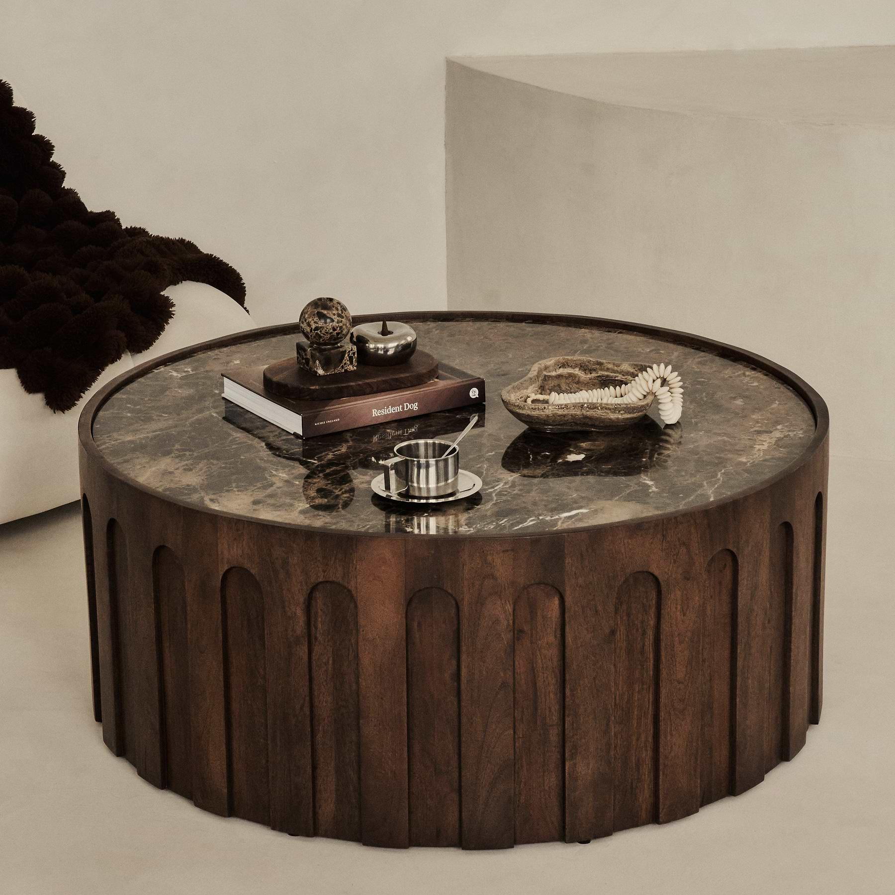 Valor - Dark Emperador Marble Round Dark Wood Premium Coffee Table