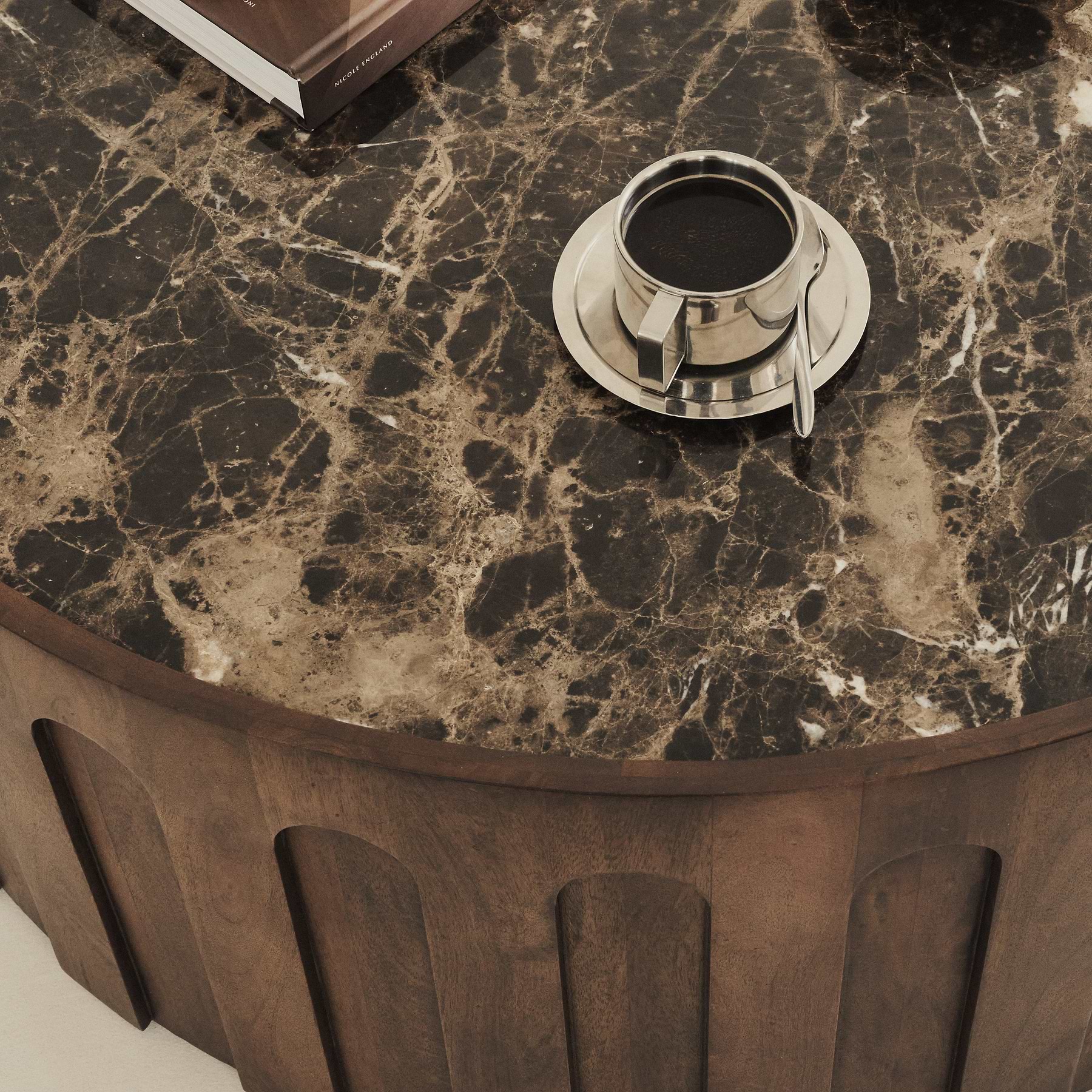 Valor - Dark Emperador Marble Round Dark Wood Premium Coffee Table
