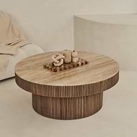 Sloane - Beige Travertine Round Warm Wood Premium Coffee Table