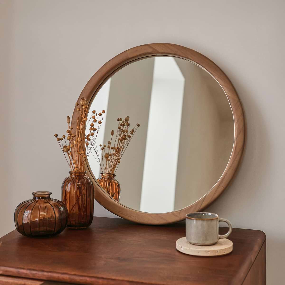 Arden - Warm Wood Round Wooden Wall Mirror 40cm x 40cm