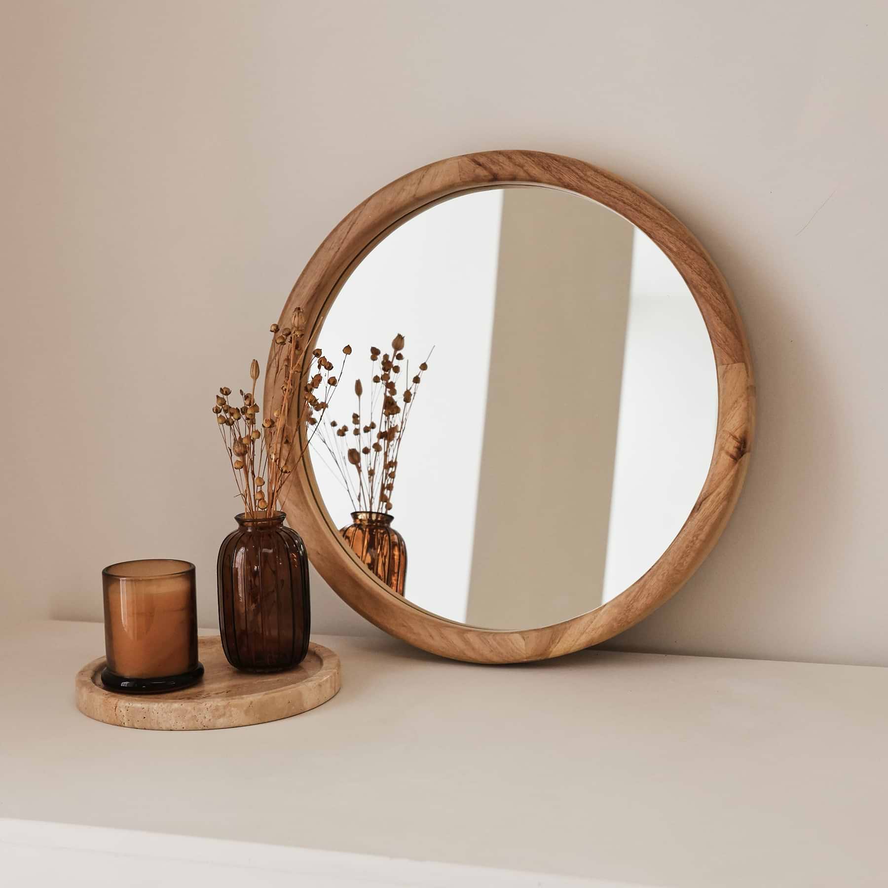 Arden - Light Wood Round Wooden Wall Mirror 40cm x 40cm