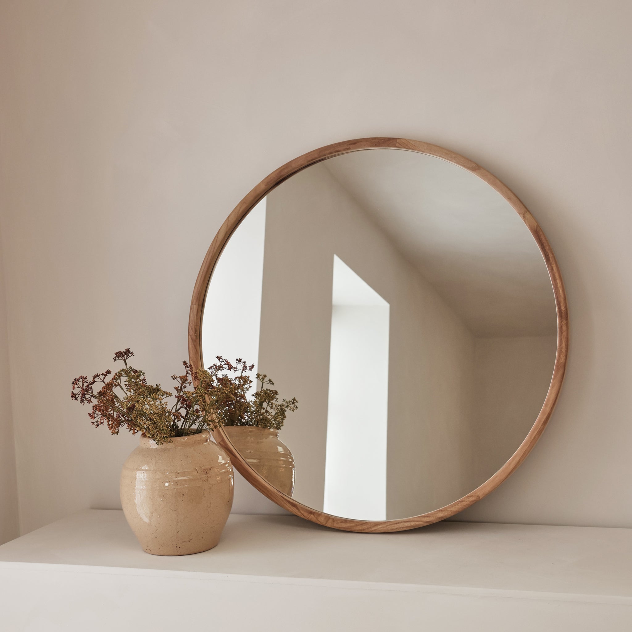 Arden - Large Light Wood Round Wooden Wall Mirror 90cm x 90cm