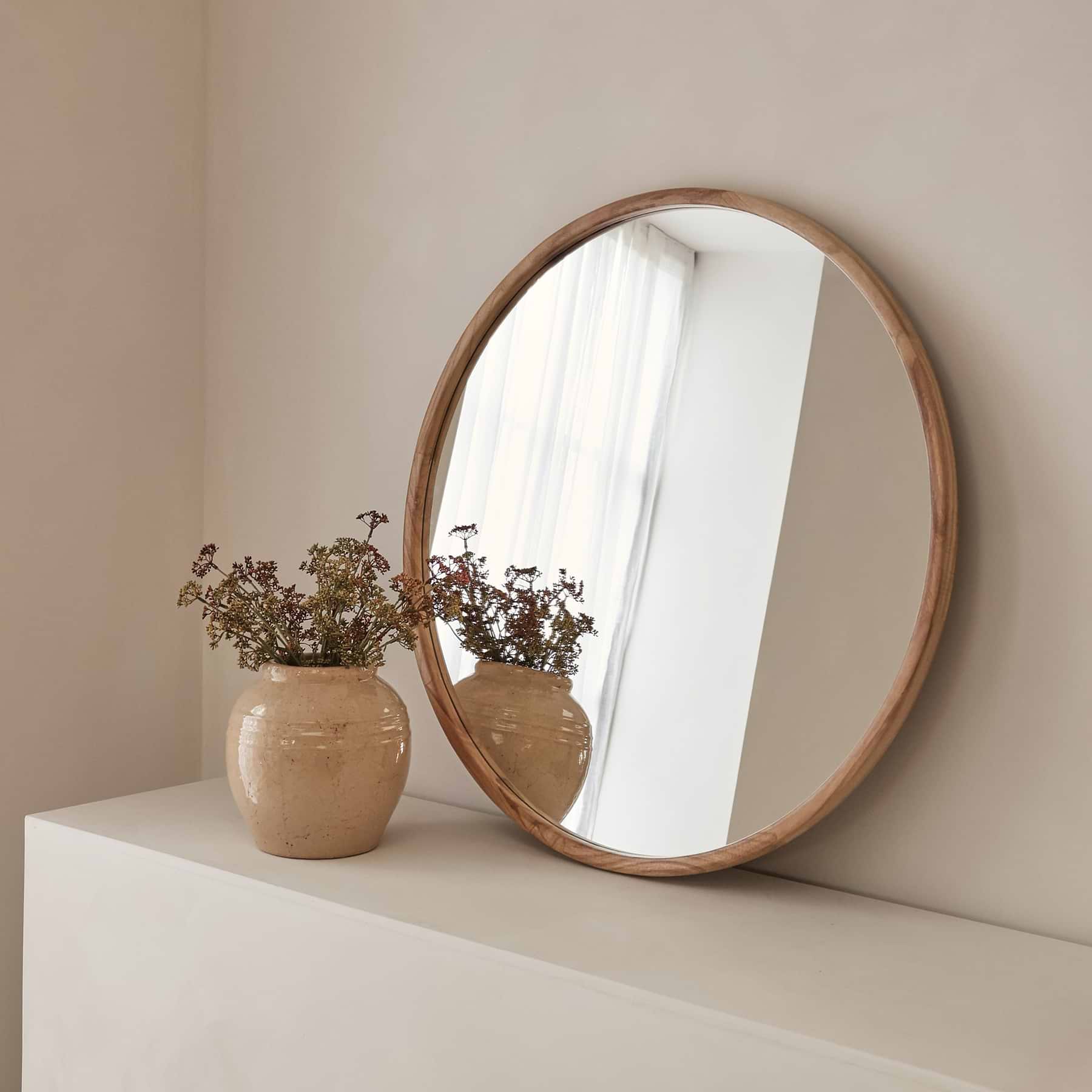 Arden - Large Light Wood Round Wooden Wall Mirror 90cm x 90cm