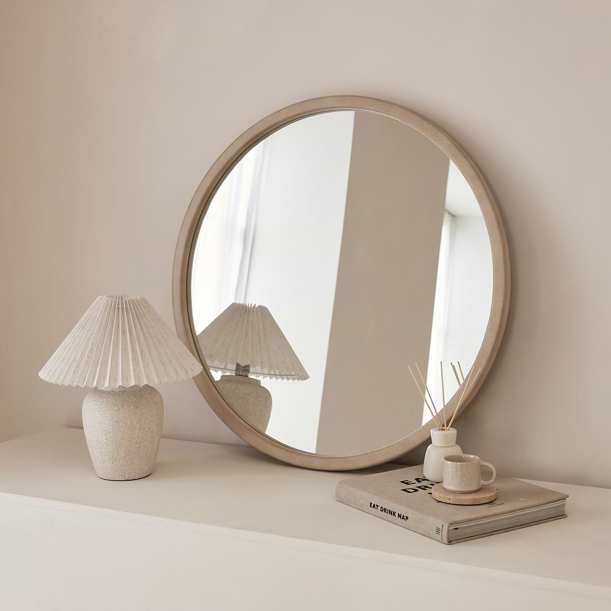 Arden - Concrete Round Wooden Wall Mirror 70cm x 70cm