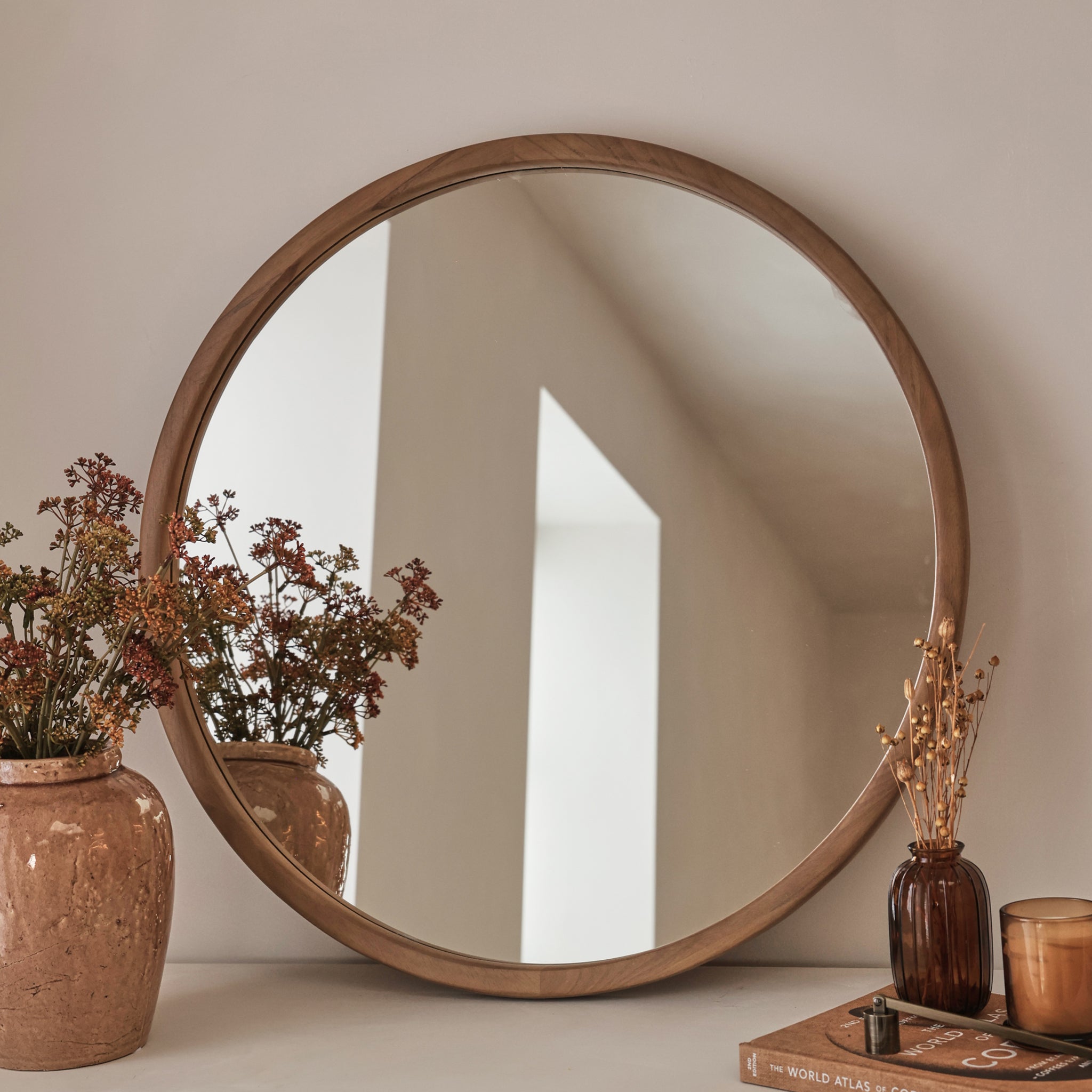 Arden - Warm Wood Round Wooden Wall Mirror 70cm x 70cm