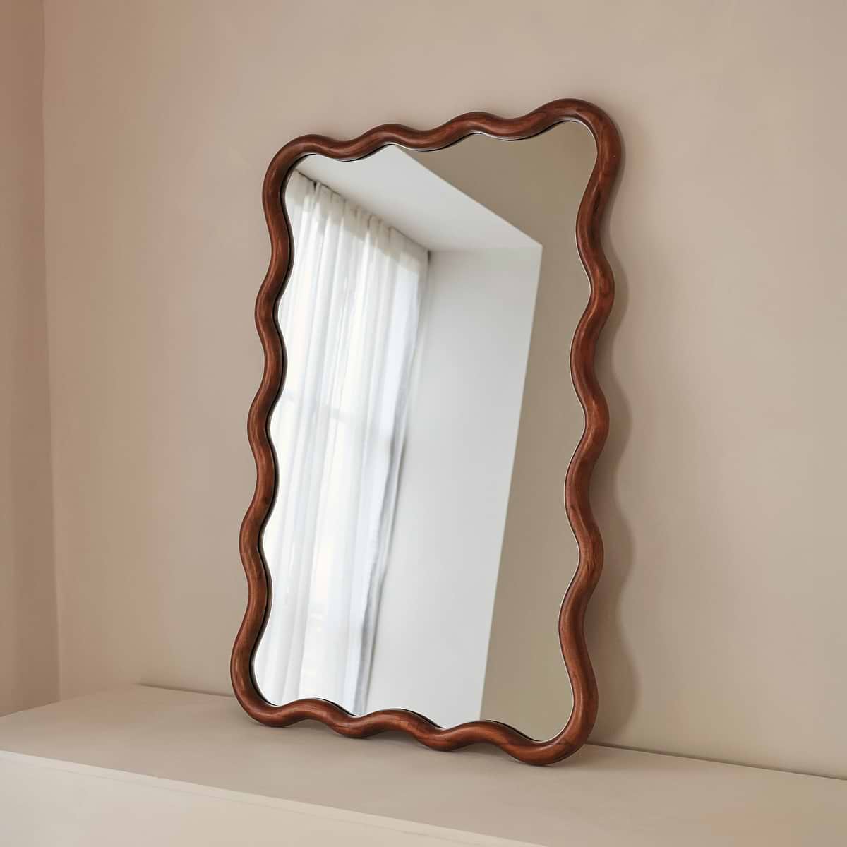 Marea - Dark Wood Wavy Retro Wall Mirror 100cm x 70cm
