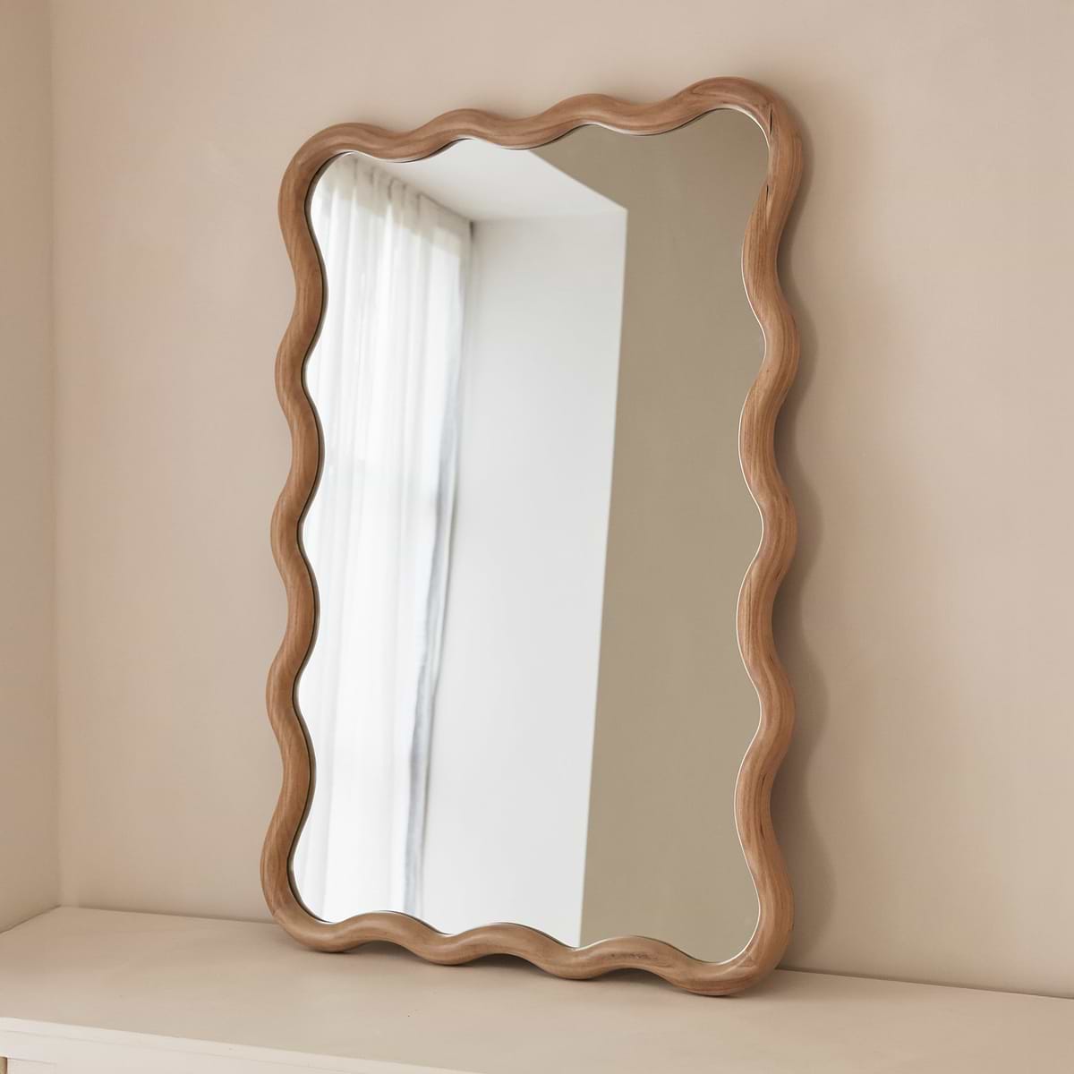 Marea - Light Wood Wavy Retro Wall Mirror 100cm x 70cm