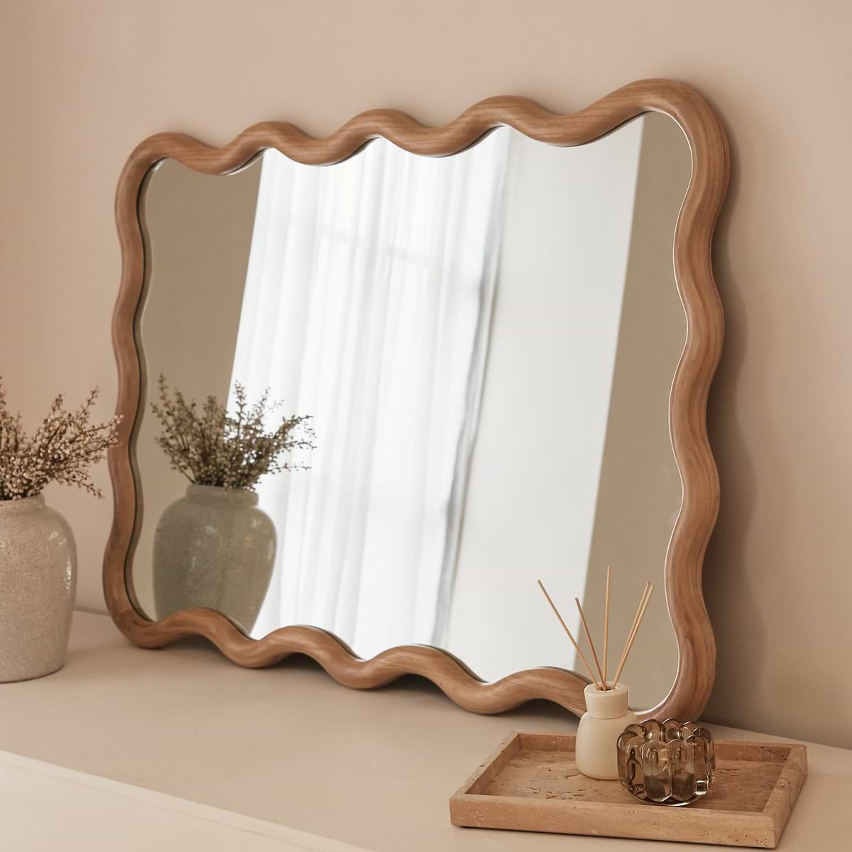 Marea - Light Wood Wavy Retro Wall Mirror 100cm x 70cm