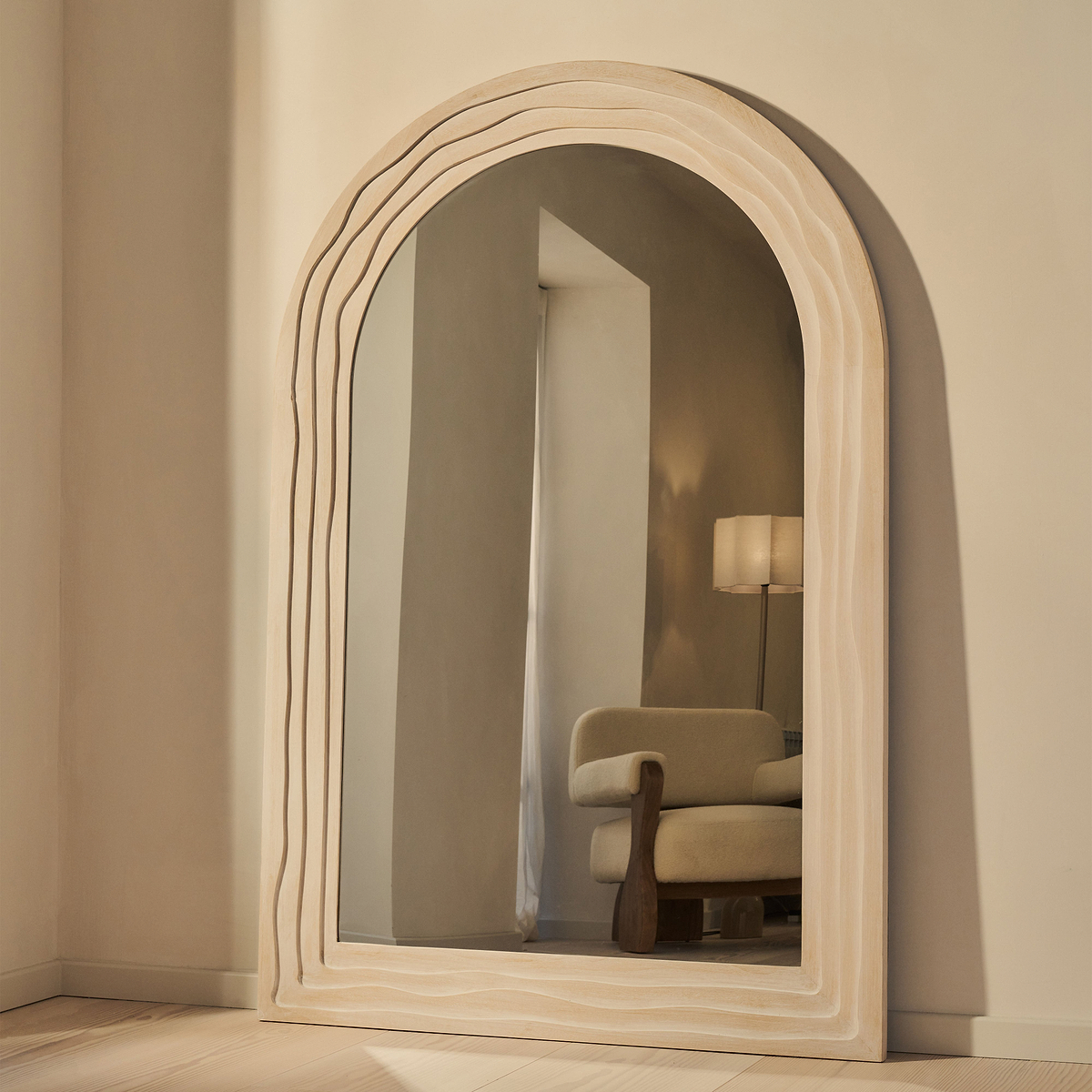 Lucelle - Extra Large Full Length White Washed Wood Arched Mirror 180cm x 120cm
