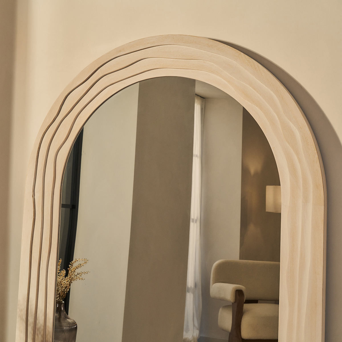 Lucelle - Extra Large Full Length White Washed Wood Arched Mirror 180cm x 120cm