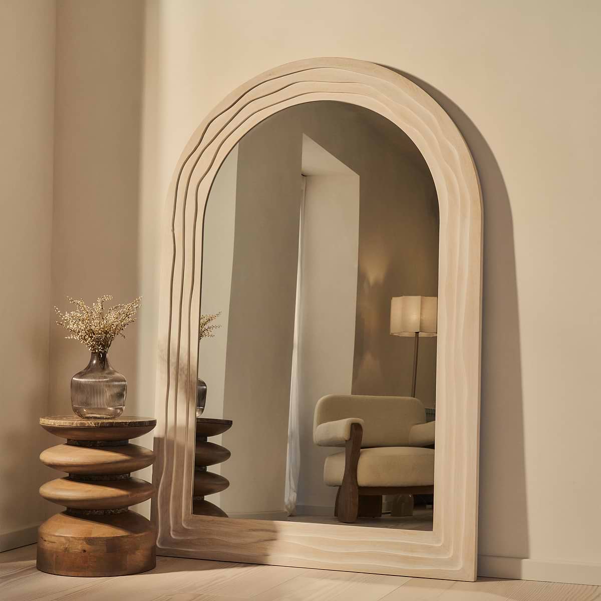 Lucelle - Extra Large Full Length White Washed Wood Arched Mirror 180cm x 120cm
