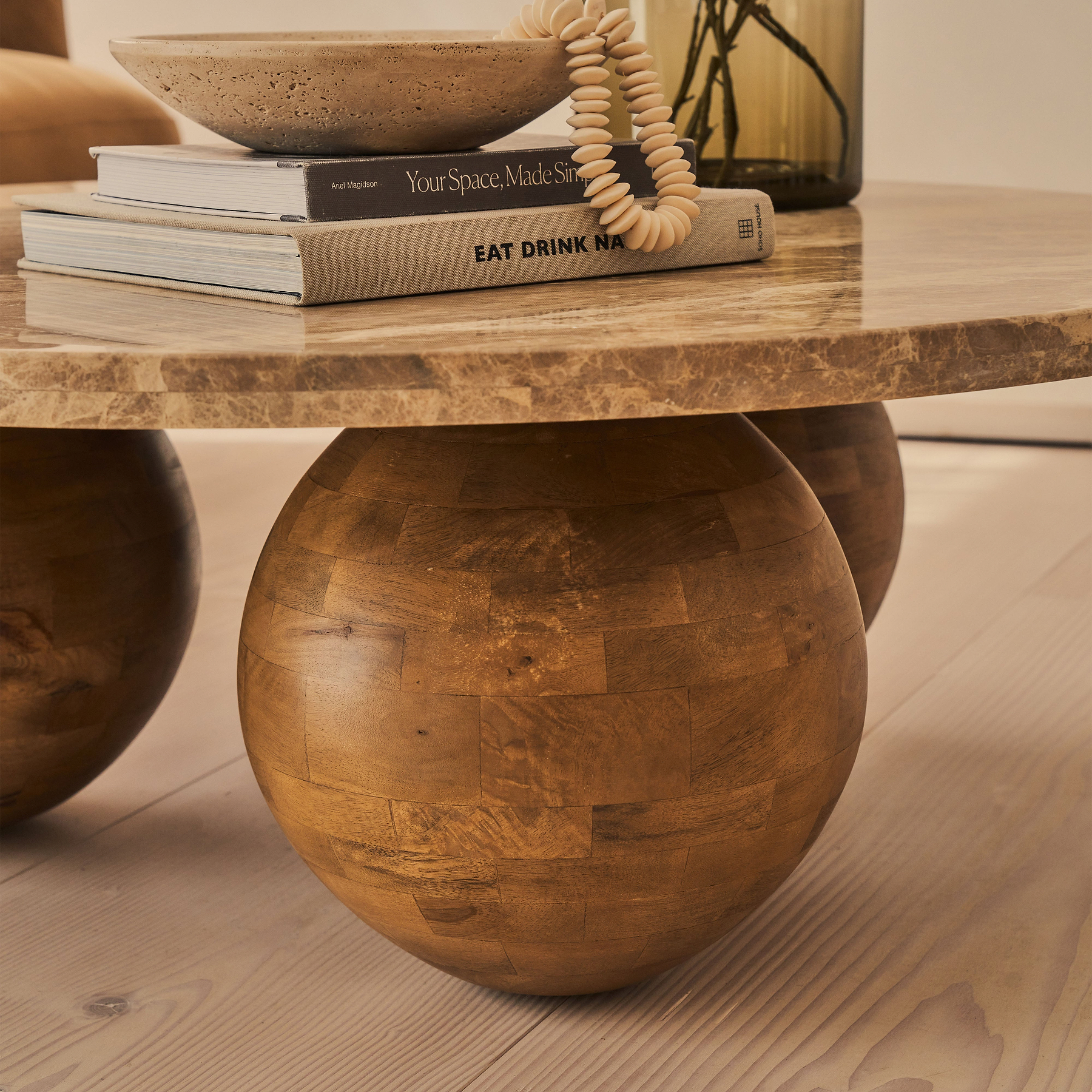 Melrose - Light Emperador Marble Round Warm Wood Premium Coffee Table