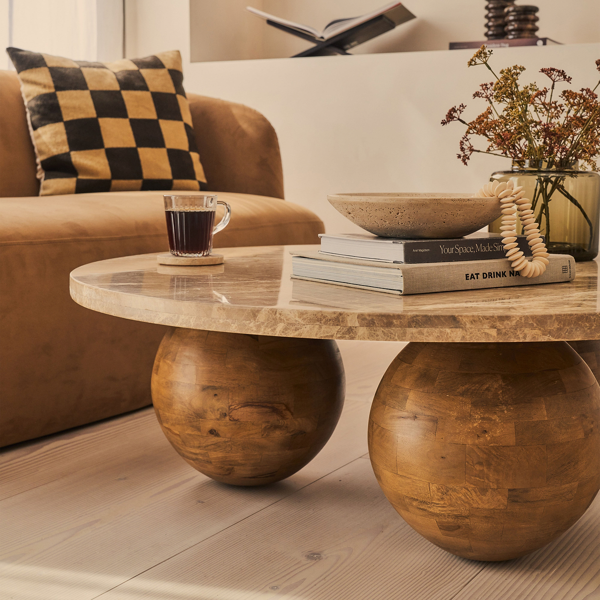 Melrose - Light Emperador Marble Round Warm Wood Premium Coffee Table