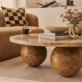 Melrose - Light Emperador Marble Round Warm Wood Premium Coffee Table