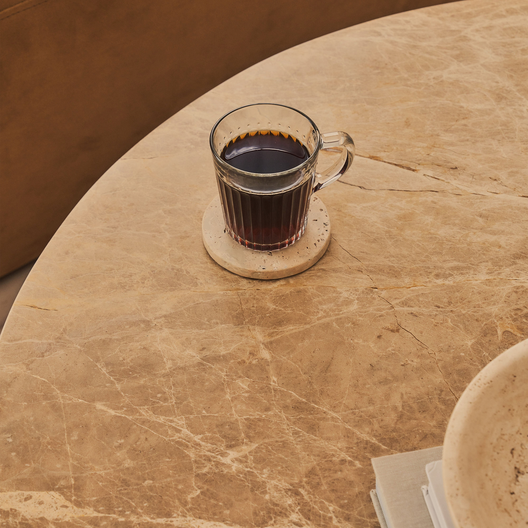 Melrose - Light Emperador Marble Round Warm Wood Premium Coffee Table