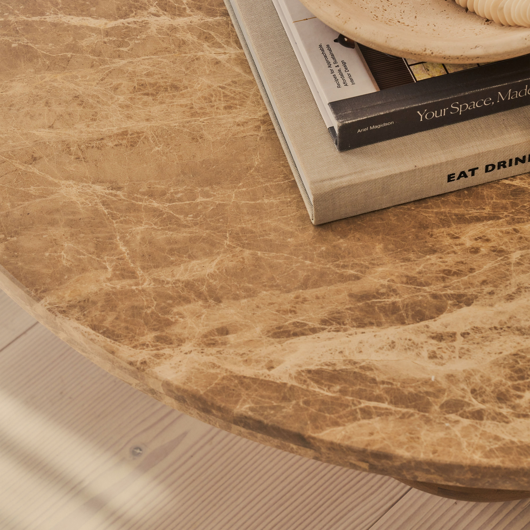 Melrose - Light Emperador Marble Round Warm Wood Premium Coffee Table