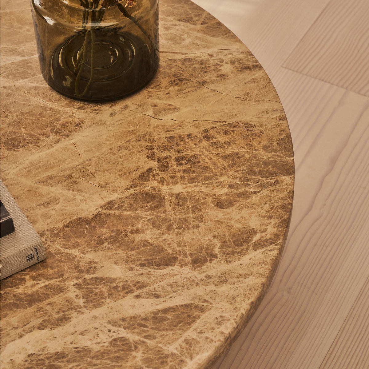 Melrose - Light Emperador Marble Round Warm Wood Premium Coffee Table