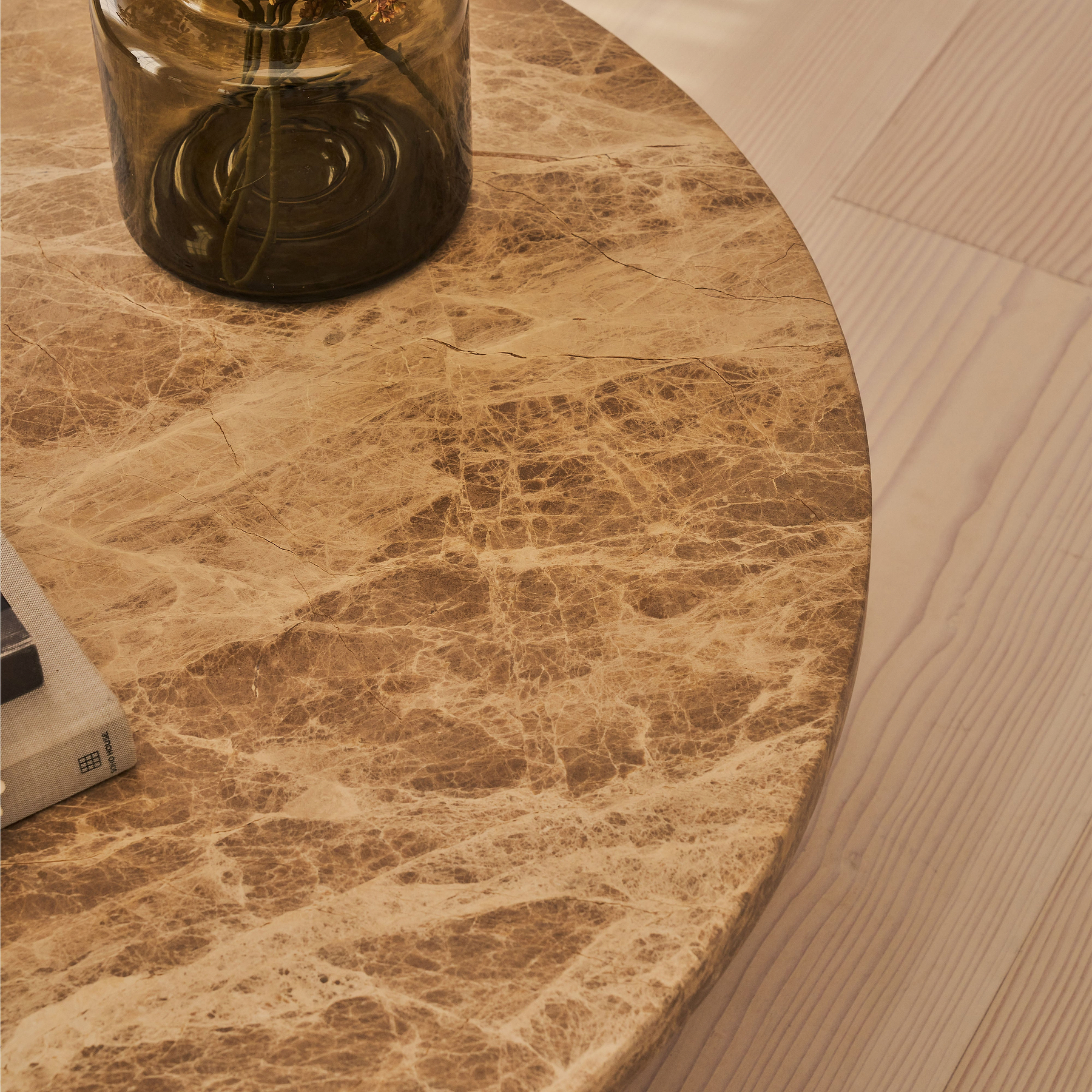 Melrose - Light Emperador Marble Round Warm Wood Premium Coffee Table