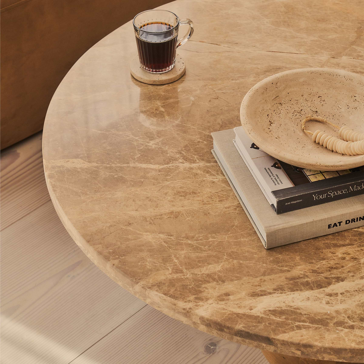 Melrose - Light Emperador Marble Round Warm Wood Premium Coffee Table