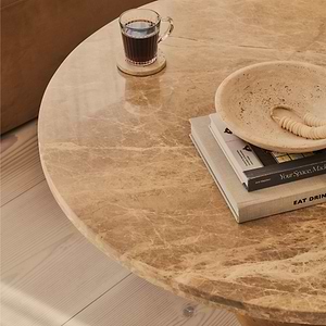 Melrose - Light Emperador Marble Round Warm Wood Premium Coffee Table